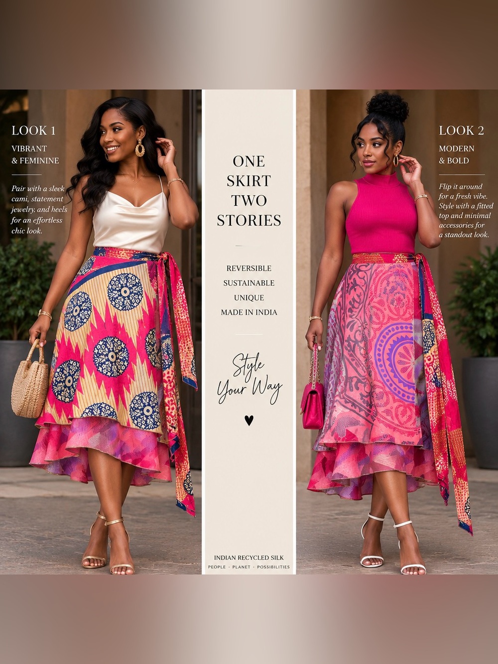 Bold Artistic Reversible Indian recycled Wrap Skirt — knee length